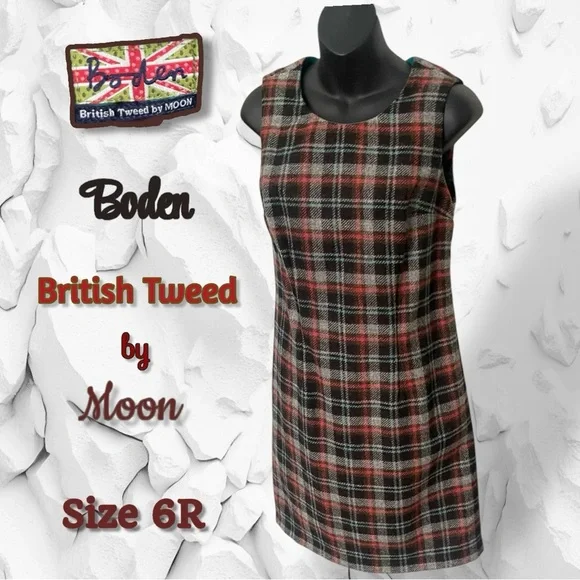 Boden British Tweed by Moon Plaid Dress Size US 6R UK 10R Brown Pink - Picture 1 of 16